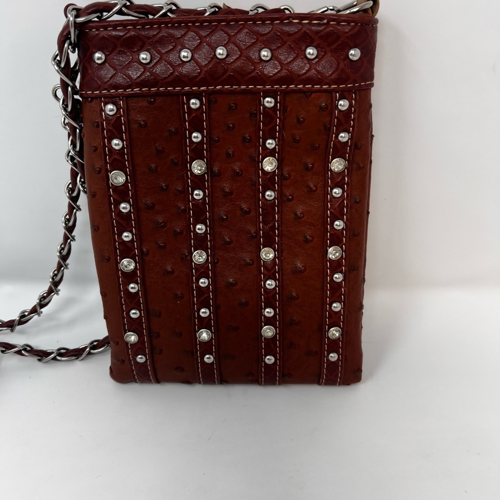Brown Studded Rhinestones Shoulder Cross Body Bag by Rustic Coutures Silver Trim